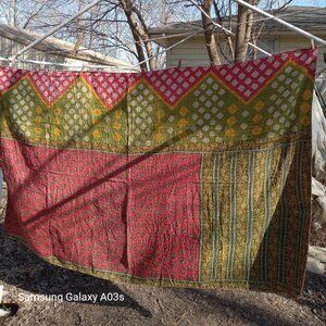 Kantha Quilt Green Red Marigold 52" x 84" Premium 3 Layer Cotton K118.